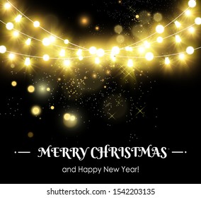 Christmas bright, beautiful lights, design elements. Glowing lights for design of Xmas greeting cards. Garlands, light Christmas decorations.
