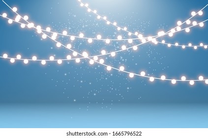 Christmas bright, beautiful lights, design elements. Glowing lights for design of Xmas greeting cards. Garlands, light Christmas decorations.