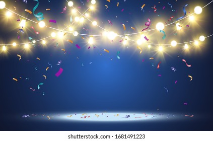 Christmas bright, beautiful lights, design elements. Glowing lights for design of Xmas greeting cards. Garlands, light Christmas decorations.