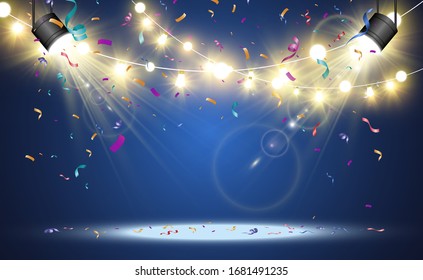 Christmas bright, beautiful lights, design elements. Glowing lights for design of Xmas greeting cards. Garlands, light Christmas decorations.