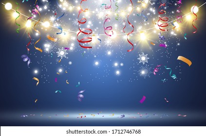 Christmas bright, beautiful lights, design elements. Glowing lights for design of Xmas greeting cards. Garlands, light Christmas decorations.