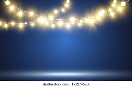 Christmas bright, beautiful lights, design elements. Glowing lights for design of Xmas greeting cards. Garlands, light Christmas decorations.