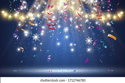 Christmas bright, beautiful lights, design elements. Glowing lights for design of Xmas greeting cards. Garlands, light Christmas decorations.