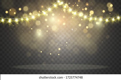 Christmas bright, beautiful lights, design elements. Glowing lights for design of Xmas greeting cards. Garlands, light Christmas decorations.