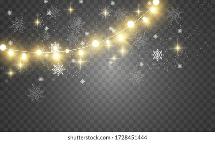 Christmas bright, beautiful lights, design elements. Glowing lights for design of Xmas greeting cards. Garlands, light Christmas decorations.
