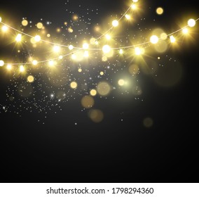 Christmas bright, beautiful lights, design elements. Glowing lights for design of Xmas greeting cards. Garlands, light Christmas decorations.