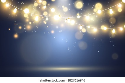 Christmas bright, beautiful lights, design elements. Glowing lights for design of Xmas greeting cards. Garlands, light Christmas decorations.