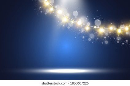 Christmas bright, beautiful lights, design elements. Glowing lights for design of Xmas greeting cards. Garlands, light Christmas decorations.