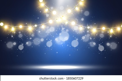 Christmas bright, beautiful lights, design elements. Glowing lights for design of Xmas greeting cards. Garlands, light Christmas decorations.