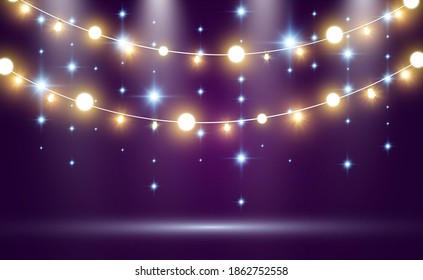 Christmas bright, beautiful lights, design elements. Glowing lights for design of Xmas greeting cards. Garlands, light Christmas decorations.	