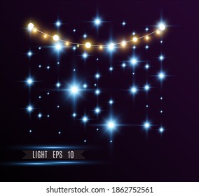 Christmas bright, beautiful lights, design elements. Glowing lights for design of Xmas greeting cards. Garlands, light Christmas decorations.	