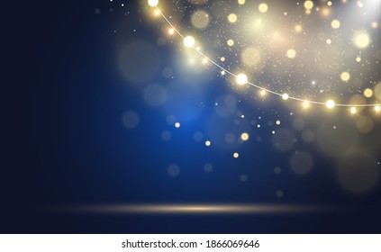 Christmas bright, beautiful lights, design elements. Glowing lights for design of Xmas greeting cards. Garlands, light Christmas decorations.	