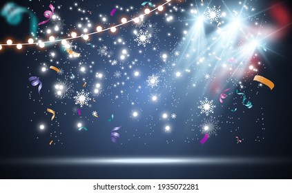 Christmas bright, beautiful lights, design elements. Glowing lights for design of Xmas greeting cards. Garlands, light Christmas decorations.	