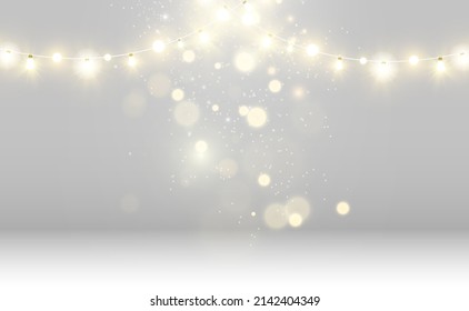 Christmas bright, beautiful lights, design elements. Glowing lights for design of Xmas greeting cards. Garlands, light Christmas decorations.	