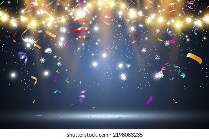 Christmas bright, beautiful lights, design elements. Glowing lights for design of Xmas greeting cards. Garlands, light Christmas decorations.	