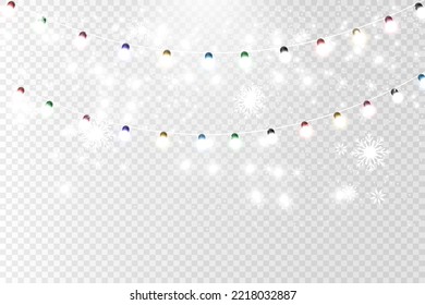 Christmas bright, beautiful lights, design elements. Glowing lights for design of Xmas greeting cards. Garlands, light Christmas decorations.	