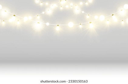 Christmas bright, beautiful lights, design elements. Glowing lights for design of Xmas greeting cards. Garlands, light Christmas decorations.	
