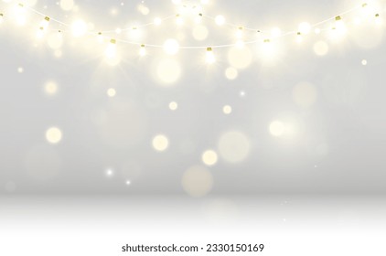 Christmas bright, beautiful lights, design elements. Glowing lights for design of Xmas greeting cards. Garlands, light Christmas decorations.	
