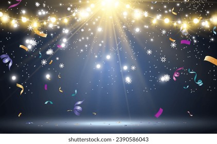 Christmas bright, beautiful lights, design elements. Glowing lights for design of Xmas greeting cards. Garlands, light Christmas decorations.	