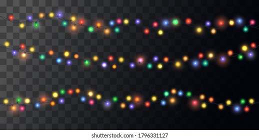 Christmas bright color garland on transparent background. Decor for party, festive or birthday celebration. String with realistic lights. Isolated vector template for banner, advertising or event card