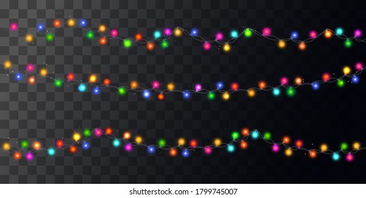 Christmas bright color garland on transparent background. Decor for party, festive or birthday celebration. String with realistic lights. Isolated vector template for banner, advertising or event card