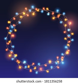 Christmas bright color garland on blue background. Decor for party, festive or birthday celebration. Circle with realistic lights. Isolated vector template for banner, advertising or event card