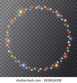 Christmas bright color garland on transparent background. Decor for party, festive or birthday celebration. Circle with realistic lights. Isolated vector template for banner, advertising or event card