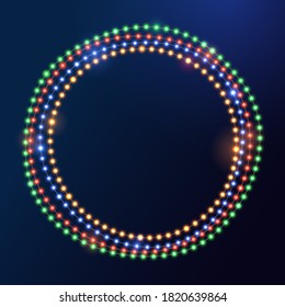 Christmas bright color garland on blue background. Decor for party, festive or birthday celebration. Circle with realistic lights. Isolated vector template for banner, advertising or event card