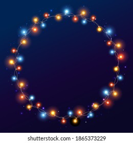 Christmas bright color garland on blue background. Decor for party, festive or birthday celebration. Circle with realistic lights. Isolated vector template for banner, advertising or event card