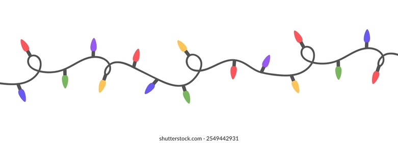 Christmas bright color lights on white background. Colorful garland frame. Led neon lamp for Xmas card, banner, poster, web. decoration. New Year luxury border. Fairy bulb. Vector illustration.