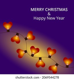 Christmas bright glowing lights of garlands in the shape of a heart. Vector illustration.