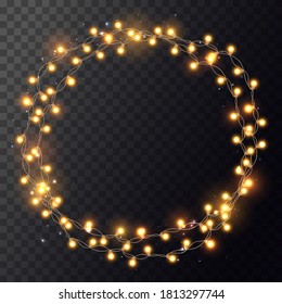 Christmas bright golden garland on wreath. Circle with realistic lights on transparent background. Decor for party, festive or birthday. Isolated vector template for banner, advertising or event card