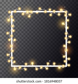 Christmas bright golden garland on white square frame. Template with realistic lights on transparent background. Decor for party, festive or birthday. Isolated vector template for banner, advertising.