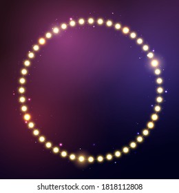 Christmas bright golden garland on wreath. Circle with realistic lights on purple background. Decor for party, festive or birthday. Isolated vector template for banner, advertising or event card