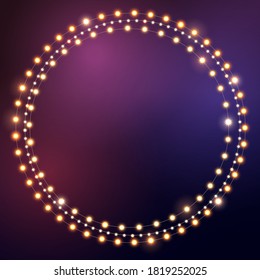 Christmas bright golden garland on wreath. Circle with realistic lights on purple background. Decor for party, festive or birthday. Isolated vector template for banner, advertising or event card