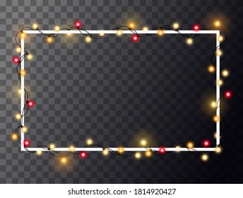 Christmas bright golden and red garland on square frame. Template with realistic lights on transparent background. Decor for party, festive or birthday. Isolated vector for banner and advertising.