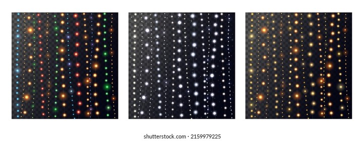 Christmas bright golden, white, colored garland on an abstract background. Set with decor for party, festiv, birthday celebration. String with realistic lights. Isolated vector template for banner
