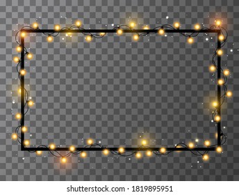 Christmas bright golden and yellow garland on black square frame. Template with realistic lights on transparent background. Party, festive, birthday decor. Isolated vector for banner and advertising