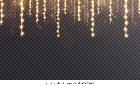 Luzes brilhantes de Natal, grinaldas isoladas no fundo transparente. Linha de glândulas brilhantes de Natal dourado vertical com brilho.