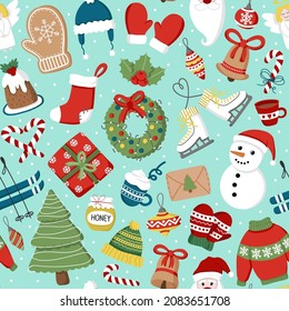 Christmas bright pattern with cartoon doodles