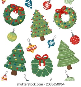 Christmas bright pattern with doodle trees and Christmas decorations
