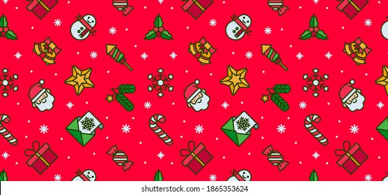 Christmas bright red cute pattern with snow. Funny flat cartoon icons. Xmas and winter holidays elements background. Print for fabric, wrapping paper or wallpaper. Happy New Year and Christmas Day