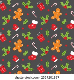 Christmas bright seamless pattern. Holiday elements on dark background. Holly, gingerbread man, gift box, Santa glove, sock, lollipops. Flat vector illustration.