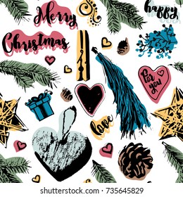 Christmas bright seamless pattern. New Year attributes and decorations. Can be used for postcards, wallpapers, wrapping paper, congratulations and scrapbooks, etc