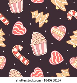 Christmas bright sweets of muffin, heart, lollipop and fir tree with snow on brown-chocolate background. Seamless cookie doodle winter pattern. Suitable for packaging, textile, wallpaper.