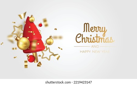 Christmas bright tree. Happy New Year and Merry Christmas. Realistic 3d design of objects, snowflakes,christmas ball. Vector illustration