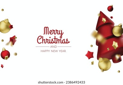 Christmas bright tree. Happy New Year and Merry Christmas. Realistic 3d design of objects, gift box, snowflakes, christmas ball. Vector illustration