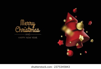 Christmas bright tree with star and balls. Merry Christmas and Happy New Year. Realistic 3d design of objects, christmas ball, Gift box, surprise gifts, gold confetti. Vector illustration