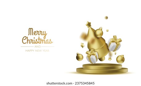 Christmas bright tree with star and balls. Merry Christmas and Happy New Year. Realistic 3d design of objects, christmas ball, Gift box, surprise gifts, gold confetti. Vector illustration