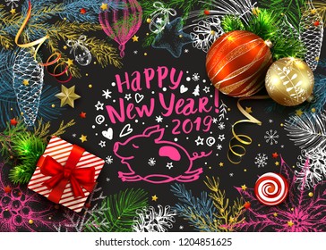 Christmas bright vector card. Handwritten inscription Happy New Year 2019. Realistic 3D fir tree, ball, gift box and hand drawn conifers branches. Sketch vintage illustration. Jumping funny pig.